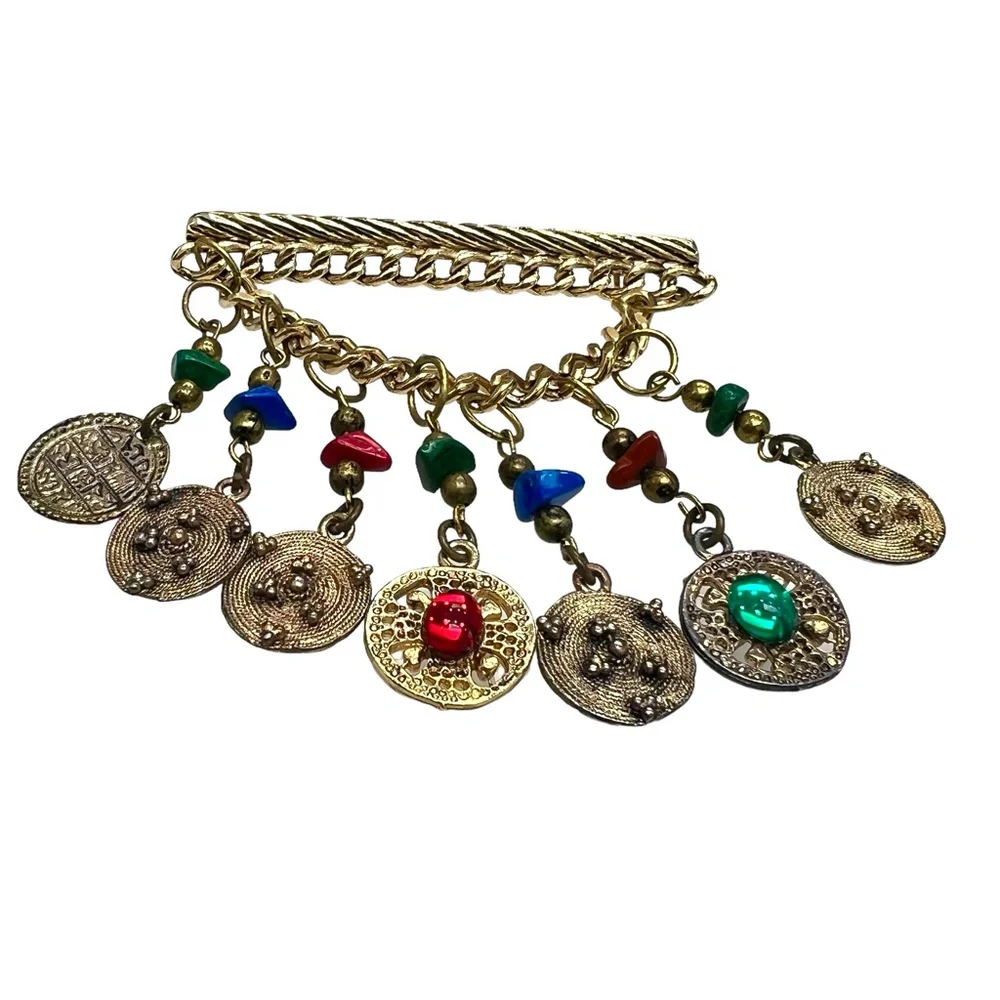 VINTAGE CHAIN BAR W CHAIN SWAG & COIN DANGLES W STONES - ETRUSCAN STYLE BROOCH